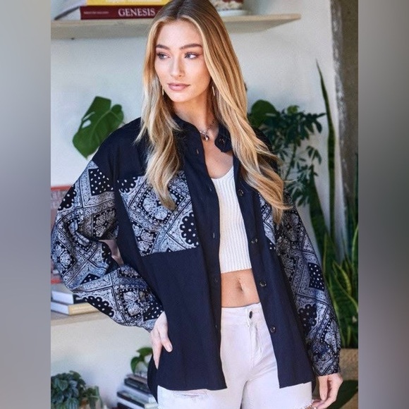 🆕 ✨ NWT DAVI & DANI Bandana black & white Oversized Button Top Womens size 2XL - Picture 3 of 11